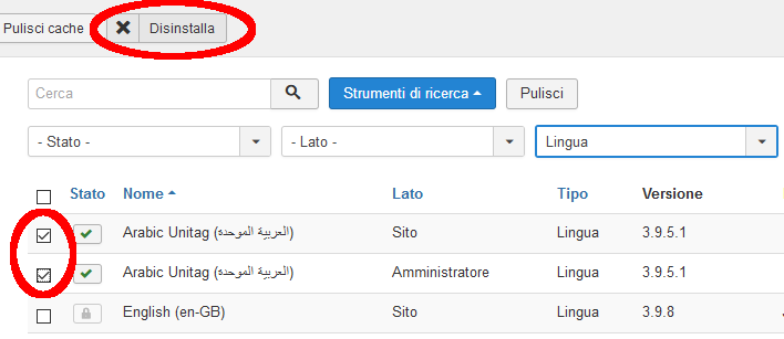 Joomla cancellazione Lingua 